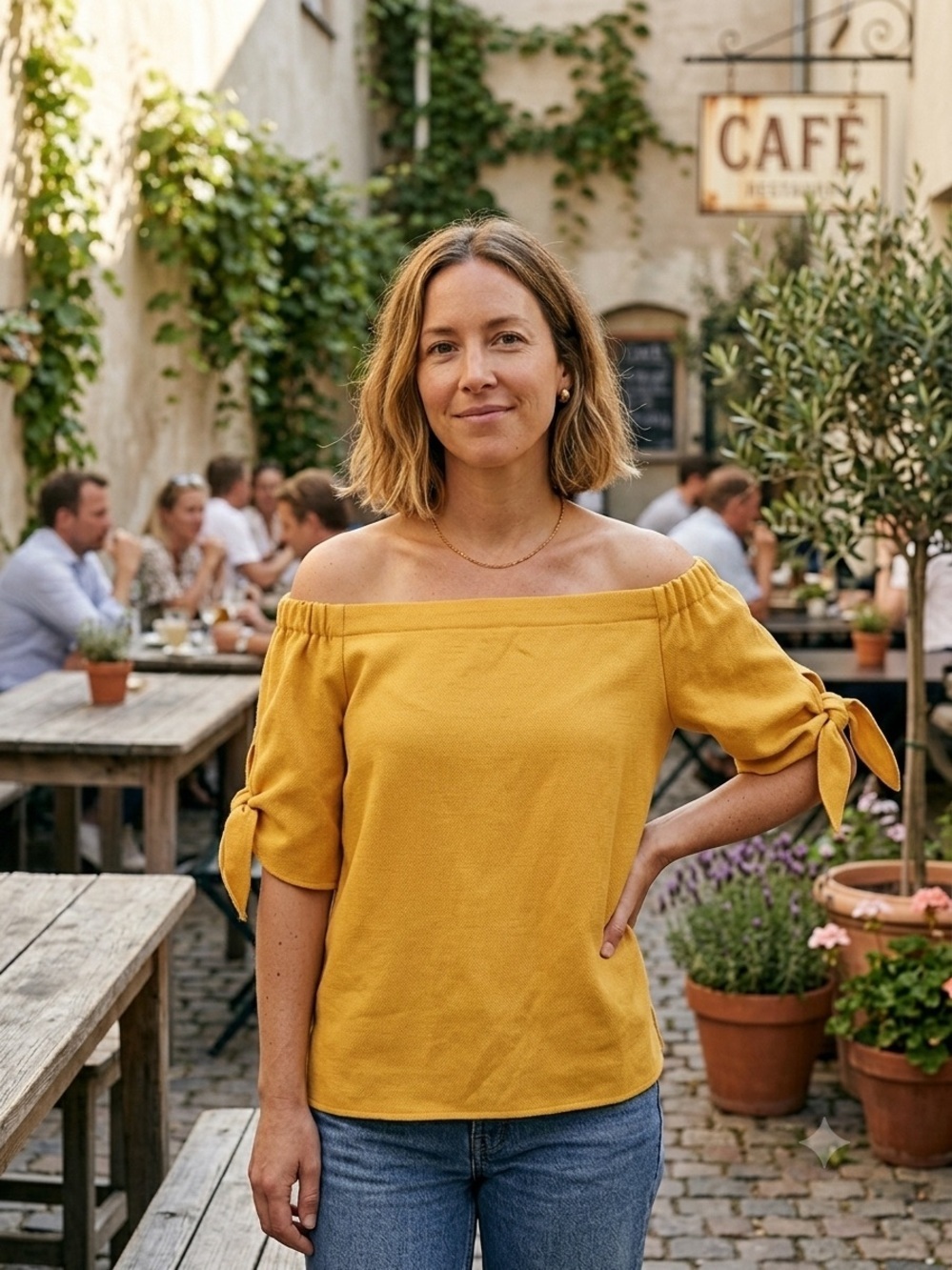 Olivia Grey | Off-Shoulder Tie-Sleeve Top in Mustard Yellow | Sz M